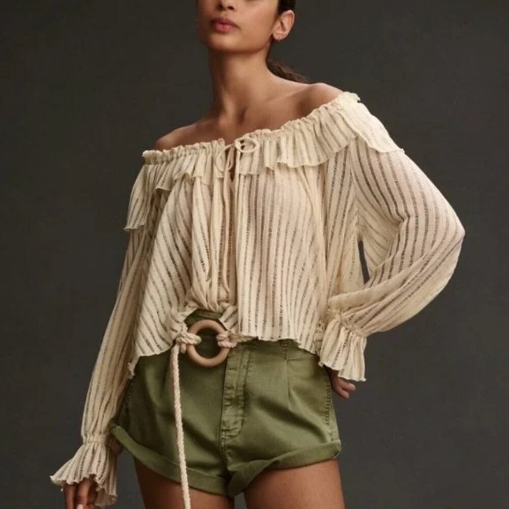 By Anthropologie Long-Sleeve Sheer Striped Crop Blouse